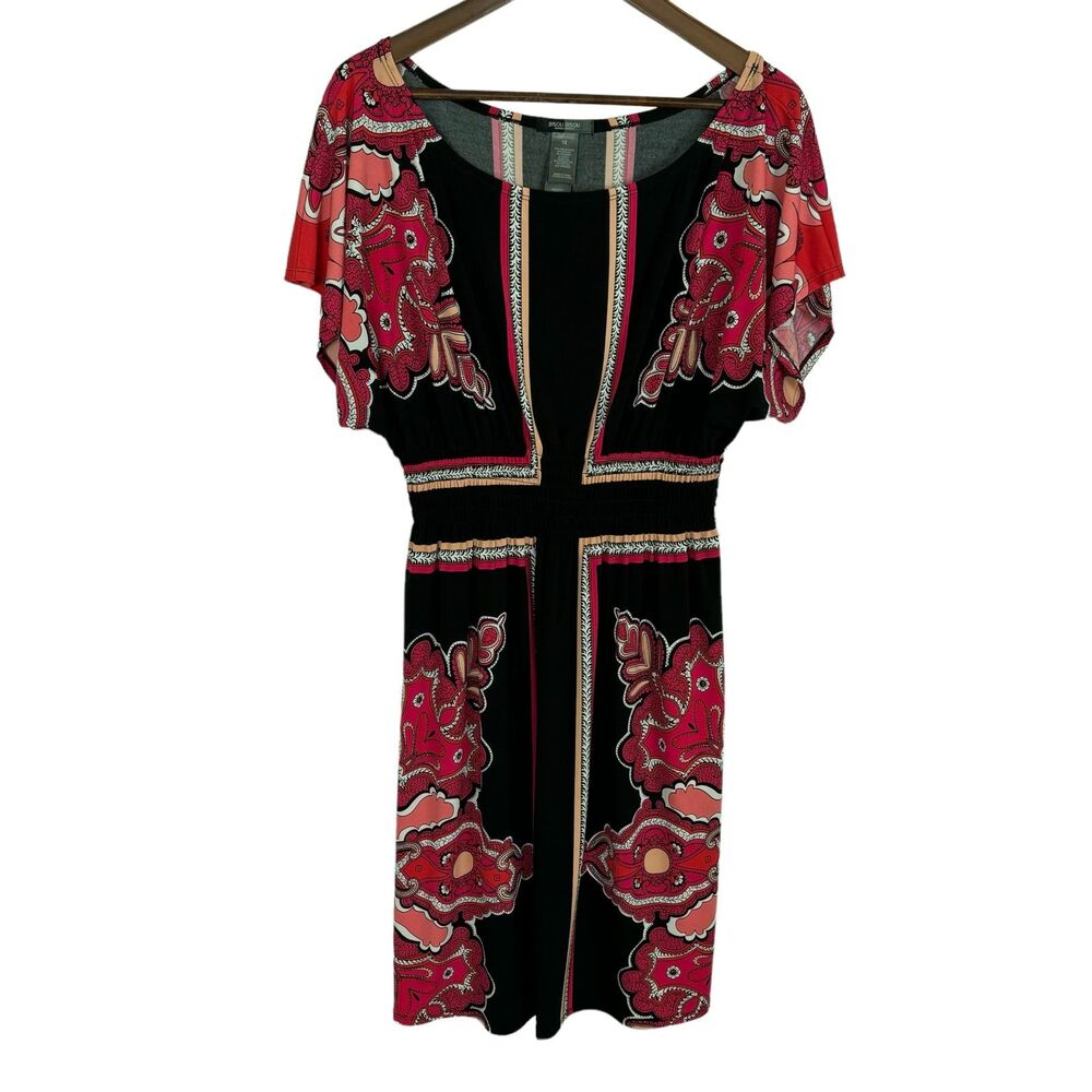 Bisou Bisou Michele Bohbot Pink Black Floral Smocked Waist Dress Women's 12